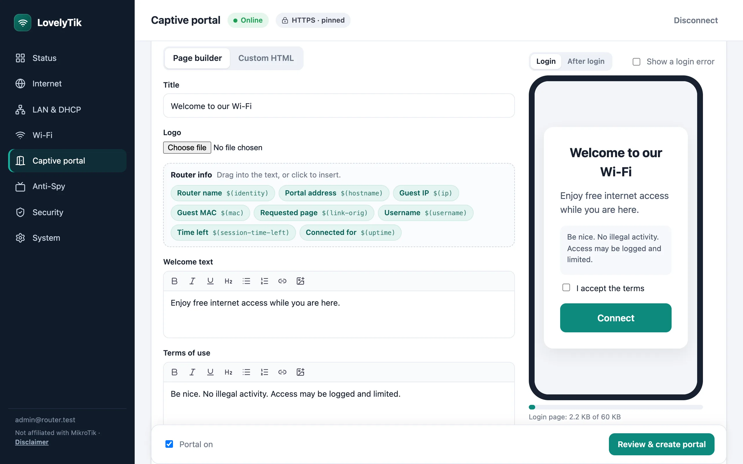 LovelyTik's captive portal page builder: title, router info chips, welcome text and terms on the left, a live phone preview of the guest login page on the right.