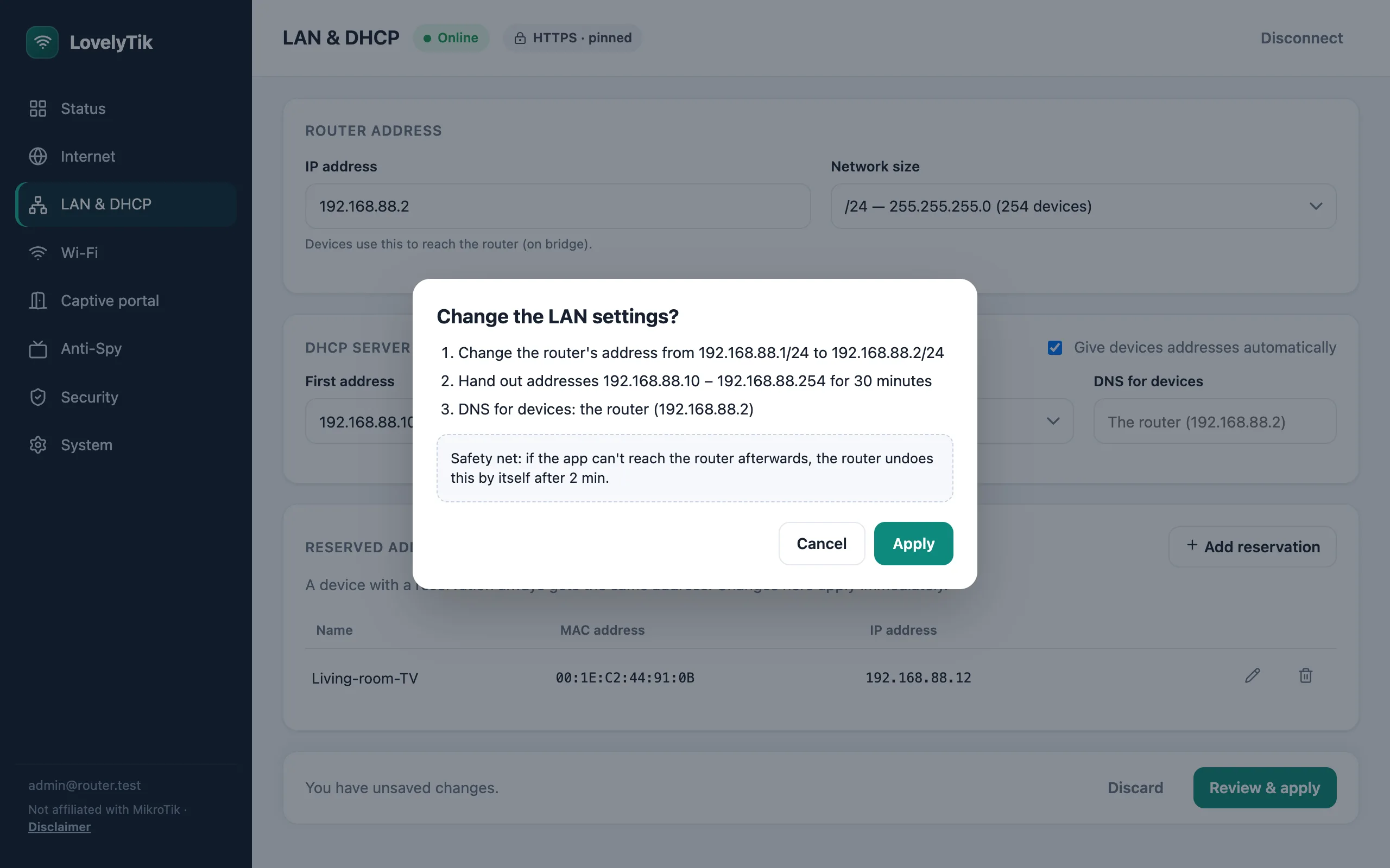 A confirmation dialog listing three changes to the LAN settings, with a safety-net note: if the app can't reach the router afterwards, the router undoes this by itself after 2 minutes.